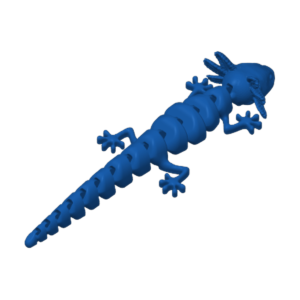 ForgeFi Articulated Axolotl in blue, a print-in-place axolotl with a segmented articulated tail and body