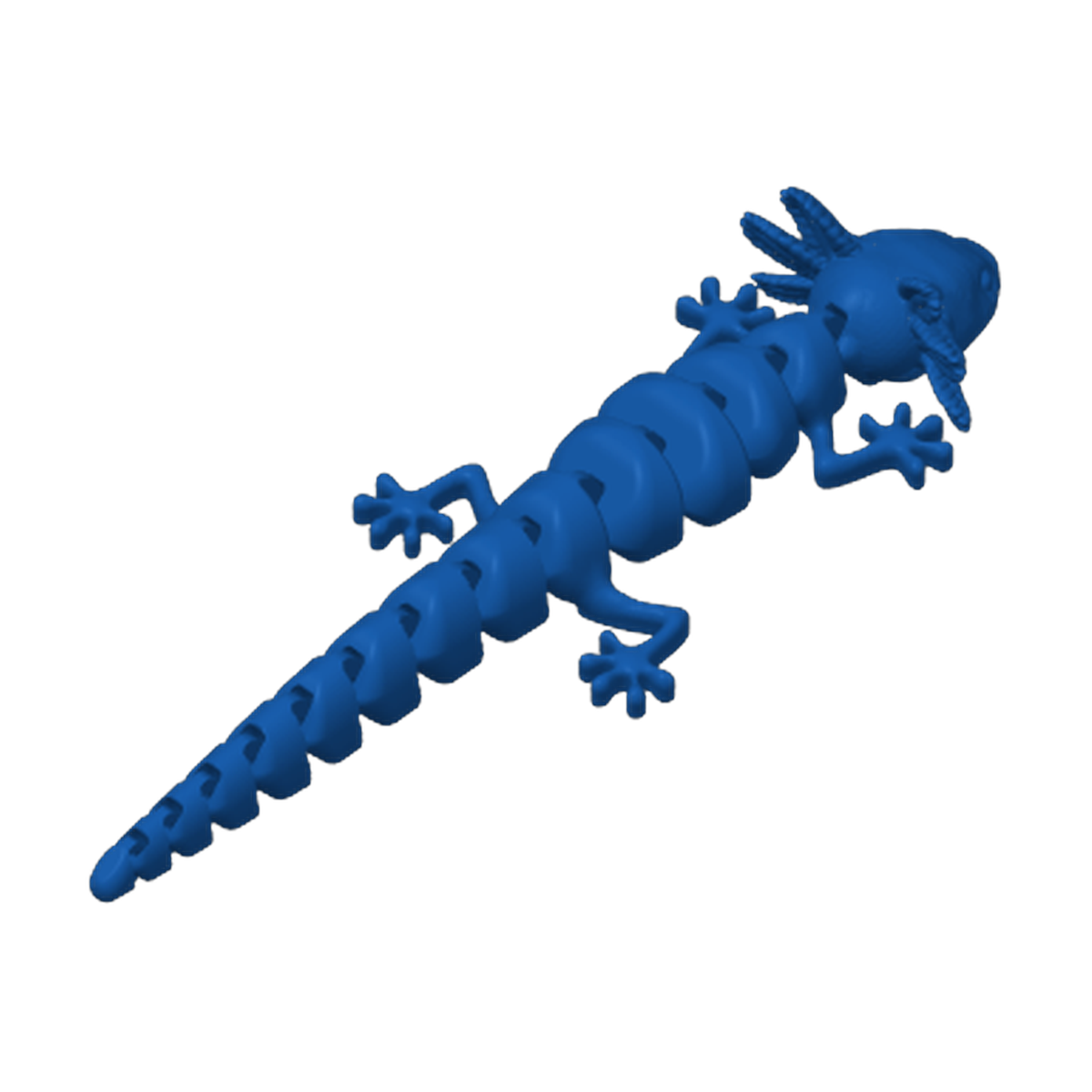 ForgeFi Articulated Axolotl in blue, a print-in-place axolotl with a segmented articulated tail and body